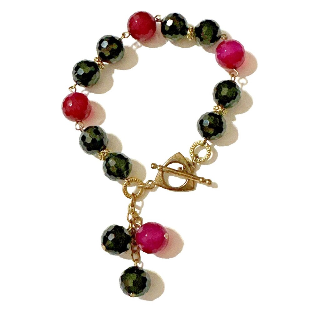 Black & Purple Faceted Crystal Bead Dangle Bracelet Gold Tone Accents 8.5"